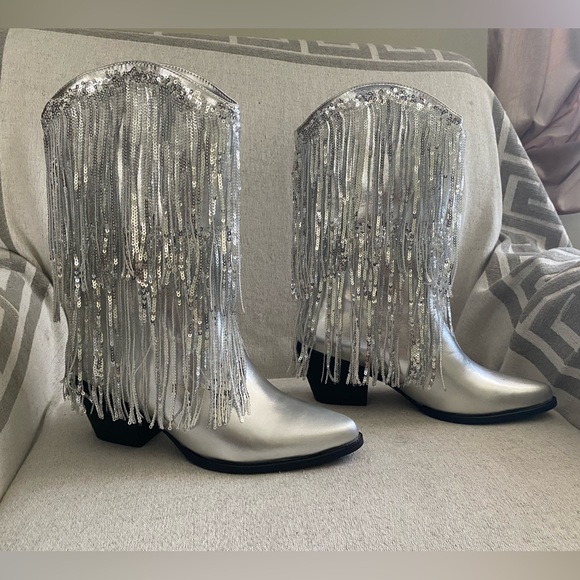 New Fringe Shiny Silver Cowboy Cowgirl Boots Metallic Pointed Toe Tassel Heel - Picture 10 of 16